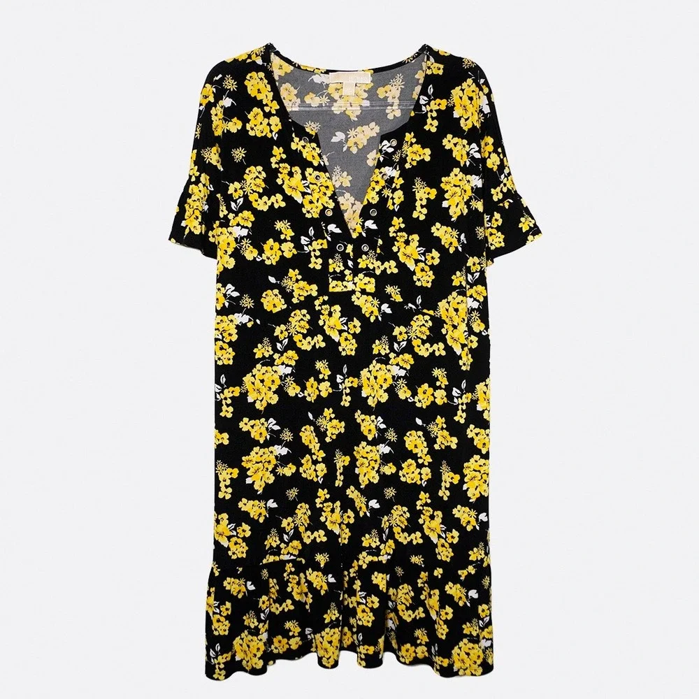 Michael Kors Jasmine Yellow Floral Ruffle Hem Dress‎ 2X Plus Size